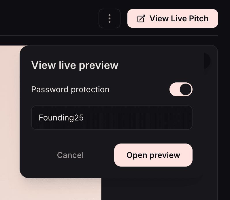 PitchDrop password protection: toggle password on a pitch and share the link.